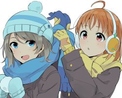 Rule 34 | 2girls, :d, :o, ahoge, bad id, bad twitter id, beanie, blue eyes, blue scarf, coat, commentary request, copyright request, earmuffs, gloves, grey hair, hat, highres, long sleeves, love live!, love live! sunshine!!, mittens, multiple girls, musshu (omu001), open mouth, orange hair, parted lips, red eyes, scarf, simple background, smile, takami chika, watanabe you, white background, winter clothes, winter coat, yellow gloves, yellow scarf