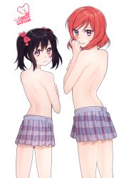 Rule 34 | 10s, 14 (vision5032), 2girls, bad id, bad pixiv id, black hair, bow, from behind, hair bow, looking at viewer, looking back, love live!, love live! school idol project, multiple girls, nishikino maki, open mouth, purple eyes, red eyes, red hair, short hair, simple background, skirt, topless, twintails, white background, yazawa nico