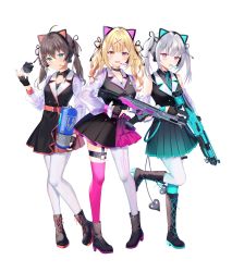 Rule 34 | 3girls, absurdres, animal ears, apex legends, assault rifle, asumi sena, asymmetrical legwear, blonde hair, blue eyes, boots, brown hair, cat ears, choker, closed mouth, cross-laced footwear, demon tail, dress, fake animal ears, fingerless gloves, garter straps, gloves, gun, hair ribbon, headset, heterochromia, highres, holding, holding gun, holding weapon, hololive, hoshikawa sara, knees together feet apart, lace-up boots, leg up, minidress, miniskirt, mismatched legwear, multiple girls, myusha, natsuiro matsuri, nijisanji, open mouth, pantyhose, pink eyes, pleated dress, rail (weapon), ribbon, rifle, second-party source, see-through, see-through sleeves, simple background, skirt, smile, standing, standing on one leg, tail, thigh strap, thighhighs, trigger discipline, twintails, virtual youtuber, vspo!, weapon, white background, white hair, yellow eyes