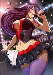 Rule 34 | 1girl, bare arms, bare shoulders, belt, breasts, cleavage, curvy, female focus, grey eyes, hair over one eye, highres, hip focus, holding, ikkitousen, kan&#039;u unchou, large breasts, long hair, microphone, music, navel, open mouth, purple hair, purple legwear, singing, skirt, solo, standing, stomach, tagme, thick thighs, thighs, tongue, very long hair, wide hips