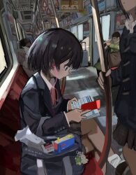Rule 34 | 2girls, 2others, absurdres, bag, black hair, black jacket, black skirt, blazer, blue eyes, book, bookmark, collared shirt, crossed legs, earbuds, earphones, english text, feet out of frame, from side, hand grip, highres, holding, holding book, jacket, charm (object), long sleeves, looking at object, loose socks, multiple girls, multiple others, neck ribbon, open mouth, original, plaid, plaid skirt, pleated skirt, profile, reading, red ribbon, ribbon, scenery, school bag, school uniform, shiranome, shirt, short hair, sitting, skirt, socks, solo focus, studying, train, train interior, twitter username, white shirt