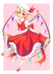 Rule 34 | 1girl, absurdres, arm up, ascot, back bow, blonde hair, bobby socks, border, bow, buttons, collared shirt, commentary, crystal, dress shirt, flandre scarlet, flower, foreshortening, frilled bow, frilled shirt collar, frilled skirt, frilled sleeves, frills, full body, ghostkun, hair between eyes, hat, hat ribbon, head tilt, highres, looking at viewer, mary janes, medium hair, mob cap, multicolored wings, open mouth, pink background, puffy short sleeves, puffy sleeves, red eyes, red flower, red footwear, red ribbon, red rose, red skirt, red vest, ribbon, rose, shirt, shoes, short sleeves, simple background, skirt, skirt set, socks, solo, symbol-only commentary, touhou, vest, white border, white hat, white shirt, white socks, wings, yellow ascot