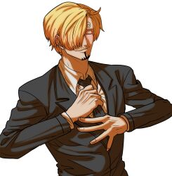 Rule 34 | 1boy, absurdres, black jacket, black necktie, blonde hair, blush, closed eyes, closed mouth, commentary request, curly eyebrows, facial hair, formal, hair over one eye, highres, jacket, long sleeves, male focus, necktie, necktie grab, neckwear grab, one piece, rita ya, sanji (one piece), shirt, short hair, smile, solo, white background, white shirt