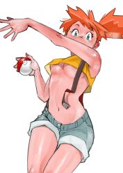 Rule 34 | 1girl, 591mm, asymmetrical hair, breasts, creatures (company), denim, denim shorts, game freak, green eyes, gym leader, highres, holding, holding poke ball, midriff, misty (pokemon), navel, nintendo, no bra, orange hair, outstretched arm, poke ball, poke ball (generic), pokemon, pokemon (anime), pokemon (classic anime), ponytail, shirt, short shirt, short shorts, shorts, shorts rolled up, side ponytail, simple background, solo, suspenders, unbuttoned, open fly, underboob, white background, yellow shirt