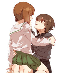 Rule 34 | 10s, 2girls, bad id, bad pixiv id, brown eyes, brown hair, girls und panzer, hamada (super tachioyogi kyousou), hand on another&#039;s hip, hand on another&#039;s shoulder, incest, looking at another, multiple girls, nishizumi maho, nishizumi miho, ooarai school uniform, school uniform, serafuku, short hair, siblings, sisters, sitting, sitting on lap, sitting on person, skirt, white background, yuri