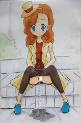 Rule 34 | 1girl, ashigaki radar, bar censor, black pantyhose, blue eyes, blue footwear, blush, bow, breasts, brown hair, bush, censored, clothes pull, dress, hat, highres, jacket, katrielle layton, lamp, layton&#039;s mystery journey, level-5, long hair, long sleeves, looking down, mini hat, open clothes, open jacket, pantyhose, pantyhose pull, peeing, professor layton, puddle, pussy, red dress, shoes, sitting, small breasts, top hat, yellow headwear, yellow jacket