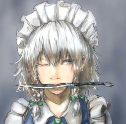 Rule 34 | 132 (bb32768), 1girl, bad id, bad pixiv id, blue background, blue dress, bow, colored eyelashes, dress, female focus, grey eyes, hair bow, highres, izayoi sakuya, knife in mouth, looking to the side, maid, mouth hold, one eye closed, ribbon, short hair, silver hair, simple background, solo, sparkle, touhou, upper body