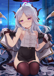 Rule 34 | 1girl, ahoge, armpits, bare arms, bare shoulders, belt, black gloves, black skirt, blue archive, blush, breasts, closed mouth, coat, demon girl, demon horns, demon wings, dress, forehead, gloves, hair over shoulder, highres, hina (blue archive), holding, holding clothes, holding coat, horns, long hair, office lady, pencil skirt, purple eyes, sideboob, sitting, skirt, sleeveless, small breasts, solo, thighhighs, thighs, wariza, white dress, white hair, wings, xephonia