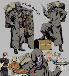 Rule 34 | 1girl, 2boys, :d, arizuka (catacombe), ashley graham, bag, black footwear, black gloves, black pants, black shirt, blonde hair, brown bag, brown jacket, clenched hand, eating, fingerless gloves, food, gloves, grey background, gun, hair over one eye, hand on own hip, highres, holding, holding gun, holding weapon, hood, hood up, jacket, leon s. kennedy, long sleeves, looking at viewer, mask, merchant (resident evil), mouth mask, multiple boys, open clothes, open jacket, open mouth, pants, resident evil, resident evil 4, resident evil 4 (remake), shirt, short hair, simple background, smile, translation request, treasure chest, weapon