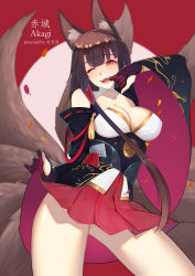 Rule 34 | 1girl, absurdres, akagi (azur lane), animal ears, artist name, azur lane, bare shoulders, black gloves, black hair, blush, breasts, character name, cleavage, cleavage cutout, clothes lift, clothing cutout, contrapposto, corset, covered erect nipples, detached sleeves, fangs, fox ears, fox tail, gloves, highres, japanese clothes, large breasts, lifted by self, long hair, long sleeves, looking at viewer, miniskirt, multiple tails, open mouth, panties, partially fingerless gloves, red eyes, ribbon-trimmed sleeves, ribbon trim, shi ling yu, skirt, skirt lift, smile, solo, standing, tail, underwear, white panties, wide sleeves