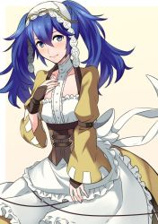 Rule 34 | 1girl, alternate hairstyle, ameno (a meno0), apron, bad id, bad twitter id, blue eyes, blue hair, blush, bow, breasts, closed mouth, collarbone, commentary request, cosplay, dress, fingerless gloves, fire emblem, fire emblem awakening, frills, gloves, hair between eyes, hair ornament, hand on own chest, lips, lissa (fire emblem), lissa (fire emblem) (cosplay), long hair, looking at viewer, lucina (fire emblem), nintendo, small breasts, smile, solo, twintails, waist apron, white bow, yellow dress