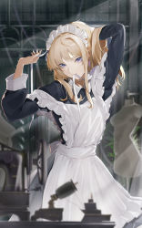 Rule 34 | 1girl, apron, arms up, black dress, blonde hair, blue eyes, closed mouth, cowboy shot, dress, ear piercing, highres, indoors, light particles, light rays, long hair, long sleeves, looking at viewer, maid, maid headdress, mannequin, marumoru, mouth hold, original, piercing, sewing machine, solo, tying hair, white apron
