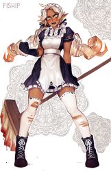 Rule 34 | 1girl, absurdres, angry, artist name, black footwear, black gloves, black ribbon, blonde hair, blood, blood stain, blush, boots, broom, clenched hand, commentary, cross-laced footwear, dark-skinned female, dark elf, dark skin, doily, dress, drill hair, elf, english commentary, frills, full body, gloves, hair ribbon, highres, legs apart, long hair, looking at viewer, low twintails, maid, maid headdress, matilda fiship, olivia (matilda fiship), open mouth, original, pointy ears, puffy short sleeves, puffy sleeves, ribbon, ribbon-trimmed legwear, ribbon trim, short sleeves, simple background, solo, standing, thighhighs, torn clothes, torn dress, torn thighhighs, twintails, white background, white thighhighs, yellow eyes