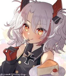 Rule 34 | 1girl, aged down, azur lane, bare shoulders, black ribbon, buttons, cheesecake, commentary request, cross, detached sleeves, double-breasted, food, fork, gloves, grey hair, hair ribbon, headgear, holding, holding fork, iron cross, licking lips, little prinz eugen (azur lane), looking at viewer, medium hair, multicolored hair, orange eyes, parted bangs, prinz eugen (azur lane), red hair, ribbon, shindoi akio, short twintails, solo, streaked hair, tongue, tongue out, twintails, twitter username