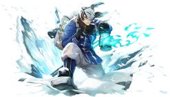 Rule 34 | 1boy, another eidos-r, backpack, bag, black gloves, black hair, black scarf, blue jacket, boots, glasses, gloves, hair over one eye, highres, holding, jacket, looking at viewer, male focus, non-web source, official art, pants, scarf, shirt, short hair, snowing, solo, thorkell (another eidos), transparent background, waku (ayamix), white pants, white shirt
