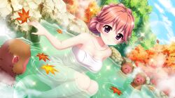 Rule 34 | 1girl, autumn leaves, blue sky, braid, breasts, cleavage, closed eyes, closed mouth, cloud, collarbone, crown braid, day, dot nose, dutch angle, film grain, game cg, haeno akari, hair bun, hair up, izumi tsubasu, large breasts, lens flare, monkey, naked towel, non-web source, official art, onsen, open mouth, orange hair, outdoors, partially submerged, purple eyes, re:stage!, rock, sitting, sky, smile, solo, sparkle, towel, tree, white towel