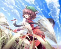 Rule 34 | 1girl, animal ears, cat ears, cat girl, cat tail, chen, cloud, female focus, multiple tails, nature, nekomata, scenery, sky, tail, touhou, yellow eyes