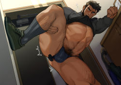 Rule 34 | 1boy, anal, anal object insertion, bara, beard, black hair, black male underwear, black shirt, blush, bottomless, briefs, bulge, closed mouth, clothes in mouth, clothes lift, covered erect nipples, erection, erection under clothes, facial hair, green footwear, highres, large pectorals, leg hair, leg up, lifted by self, looking at viewer, male focus, male penetrated, male pubic hair, male underwear, mouth hold, muscular, muscular male, navel, object insertion, original, paid reward available, pectorals, presenting, pubic hair, sex toy, shirt, shirt in mouth, shirt lift, short hair, smile, socks, solo, tarutoru, taut clothes, taut shirt, thick thighs, thighs, underwear