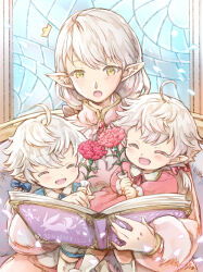 Rule 34 | 1boy, 2girls, aged down, ahoge, alisaie leveilleur, alphinaud leveilleur, ameliance leveilleur, blue shirt, book, brown eyes, closed eyes, dress, eyebrows hidden by hair, family, feet out of frame, final fantasy, final fantasy xiv, flower, hair between eyes, highres, holding, holding book, holding flower, light blush, long hair, mother and daughter, mother and son, multiple girls, on lap, pink dress, pink flower, pointy ears, shirt, sitting, smile, stained glass, surprised, turtleneck dress, upper body, white hair, yue limsa