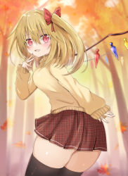 Rule 34 | 1girl, absurdres, autumn leaves, black thighhighs, blonde hair, blush, breasts, commentary request, crystal, crystal wings, daru (kumakumadon), day, fang, flandre scarlet, from behind, hair between eyes, hair ribbon, highres, leaf, long sleeves, looking at viewer, medium hair, open mouth, outdoors, plaid, plaid skirt, pleated skirt, ponytail, red eyes, red ribbon, red skirt, ribbon, shiny skin, side ponytail, skin fang, skindentation, skirt, smile, solo, sweater, thick thighs, thighhighs, thighs, tongue, touhou, tree, wings, yellow sleeves, yellow sweater, zettai ryouiki