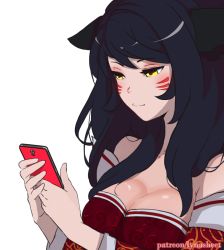 Rule 34 | 1girl, ahri (league of legends), animal ears, animated, animated gif, bare shoulders, black hair, breasts, cellphone, cleavage, detached sleeves, facial mark, fox ears, korean clothes, large breasts, league of legends, lips, long hair, lynasheet, phone, simple background, slit pupils, solo, whisker markings, white background, yellow eyes