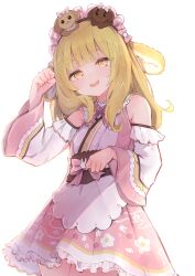 Rule 34 | 1girl, animal ears, bare shoulders, blonde hair, blunt bangs, blush, bow, bowtie, breasts, brown hairband, brown sash, clenched hand, commentary request, cowboy shot, dress, fingernails, floppy ears, floral print, frilled dress, frilled sleeves, frills, hairband, headdress, highres, inaba haneru (animare), long hair, looking at viewer, medium bangs, nanashi inc., obi, open mouth, pink bow, pink bowtie, pink dress, plaid, plaid bow, plaid bowtie, print dress, rabbit ears, rabbit girl, rutinium, sash, simple background, small breasts, smile, solo, virtual youtuber, white background, wide sleeves, yellow eyes