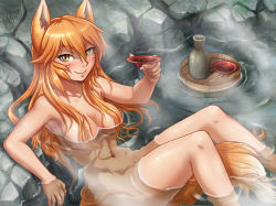 Rule 34 | 1girl, animal ears, arm support, blush, breasts, brown eyes, convenient censoring, fox ears, hair censor, hair over breasts, long hair, maxa&#039;, navel, nude, onsen, orange hair, smile, solo, steam, tail