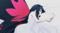 Rule 34 | 10s, 1girl, accel world, animated, animated gif, antennae, bed, bed sheet, blush, bug, butterfly, censored, convenient censoring, cuddling, flat chest, hug, bug, kuroyukihime, long hair, nude, red eyes, smile, wings