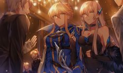 Rule 34 | 3boys, 3girls, :d, absurdres, ahoge, artoria pendragon (fate), artoria pendragon (lancer) (fate), artoria pendragon (lancer) (formal dress) (fate), bare shoulders, black choker, black dress, black gloves, black jacket, black neckwear, blonde hair, blue jacket, braid, breasts, bridal gauntlets, brown hair, cape, choker, cleavage, closed mouth, collared shirt, commentary request, covered navel, cross, cross earrings, dress, earrings, elbow gloves, faceless, faceless female, faceless male, fang, fate/grand order, fate (series), feather boa, fingerless gloves, formal, gloves, green eyes, hair between eyes, hair ornament, highres, indoors, jacket, jewelry, locked arms, long hair, looking at viewer, medium breasts, mordred (fate), mordred (fate/apocrypha), mordred (formal dress) (fate), morgan le fay (fate), multiple boys, multiple girls, necktie, open mouth, parted lips, ponytail, red neckwear, shirt, siblings, sidelocks, single bridal gauntlet, single glove, sisters, smile, strapless, strapless dress, suit, very long hair, white cape, white gloves, white shirt, yorukun