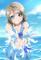 Rule 34 | 10s, 1girl, absurdres, bare shoulders, blue eyes, breasts, brown hair, cleavage, grin, highres, looking at viewer, love live!, love live! school idol festival, love live! sunshine!!, midriff, navel, ocean, ribbon, sarong, short hair, smile, solo, splashing, surfing orange, swimsuit, watanabe you, water, wet