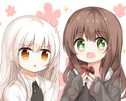 Rule 34 | + +, 2girls, :d, black hoodie, black shirt, blush, box, brown eyes, brown hair, collared shirt, gift, gift box, green eyes, hair between eyes, heart-shaped box, highres, holding, holding gift, hood, hood down, hoodie, jacket, long hair, long sleeves, looking at viewer, multiple girls, open clothes, open jacket, open mouth, original, parted lips, shirt, sleeves past wrists, smile, sparkle, white hair, white jacket, yuuhagi (amaretto-no-natsu)