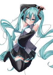 Rule 34 | 1girl, :3, absurdly long hair, absurdres, arm tattoo, arm up, black footwear, black skirt, black sleeves, blue hair, blue necktie, boots, closed mouth, collared shirt, detached sleeves, dress shirt, floating hair, full body, grey shirt, hair ornament, hatsune miku, highres, holding, long hair, long sleeves, miniskirt, necktie, pleated skirt, ryaru ryaru, shirt, simple background, skirt, sleeveless, sleeveless shirt, solo, tattoo, thigh boots, thighhighs, twintails, very long hair, vocaloid, white background, wing collar, zettai ryouiki