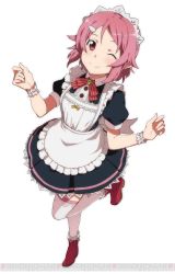Rule 34 | 10s, 1girl, full body, hair ornament, lisbeth (sao), lisbeth (sao-alo), looking at viewer, maid, maid headdress, one eye closed, pink hair, pink thighhighs, red eyes, short hair, simple background, smile, solo, sword art online, sword art online: code register, thighhighs, watermark, white background