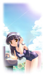 Rule 34 | 1girl, bekkankou, black hair, blunt bangs, blush, breasts, brown eyes, chain-link fence, cloud, day, drinking fountain, fence, flower, fountain, hairband, highres, large breasts, leaning forward, long hair, looking at viewer, name tag, one-piece swimsuit, outdoors, red eyes, school swimsuit, sky, solo, sunflower, swimsuit