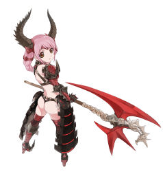 Rule 34 | 1girl, armor, ass, bad id, bad pixiv id, brown eyes, caee penguin, highres, horns, looking back, original, pink hair, simple background, solo, weapon