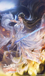 Rule 34 | 1girl, absurdres, artist request, brown hair, cloud, cloudy sky, earrings, facial mark, falling petals, forehead mark, from side, highres, holding, holding paper, holding sword, holding weapon, jewelry, long hair, lu xueqi (zhu xian), night, paper, parted lips, petals, reverse grip, second-party source, sky, solo, sword, talisman, tiara, upper body, weapon, white footwear, zhu xian