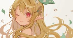 1girl blonde_hair butterfly_hair_ornament floating_hair flower from_side green_ribbon hair_behind_ear hair_flower hair_ornament hair_ribbon highres leaf long_hair looking_at_viewer nijisanji nijisanji_en one_eye_closed pointy_ears pomu_rainpuff portrait red_eyes ribbon sakai_eri_(illustratoreri) smile solo virtual_youtuber white_flower