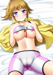Rule 34 | 10s, 1girl, bare shoulders, bed sheet, between breasts, bike shorts, blue eyes, blush, bra, bra lift, breasts, brown hair, cameltoe, clothes lift, covered erect nipples, gundam, gundam build fighters, gundam build fighters try, hoshino fumina, large breasts, lying, md5 mismatch, narutaki shin, on back, ponytail, shirt lift, smile, solo, sports bra, underwear, wire cutters