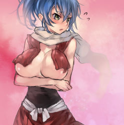 Rule 34 | 1girl, blue hair, blush, breast hold, breasts, cleavage, crossed arms, embarrassed, flying sweatdrops, huge breasts, large breasts, looking away, manyuu chifusa, manyuu hikenchou, okishi jien, okishiji en, ponytail, scarf, solo, yellow eyes