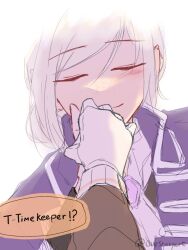 Rule 34 | 2girls, blush, closed eyes, closed mouth, coat, commentary, english commentary, english text, female pov, freckles, gloves, grey hair, highres, holding hands, kiss, kissing hand, multiple girls, pov, purple coat, revay, reverse:1999, simple background, smile, sonetto (reverse:1999), speech bubble, twitter username, upper body, vertin (reverse:1999), white background, white gloves, yuri
