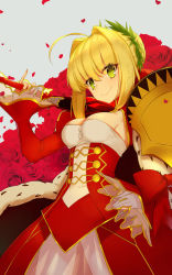 Rule 34 | 10s, 1girl, ahoge, armor, blonde hair, braid, breasts, cleavage, dress, eyes visible through hair, fate/extra, fate (series), floral background, flower, green eyes, hair bun, hair intakes, hand on own hip, highres, holding, holding sword, holding weapon, long sleeves, looking at viewer, medium breasts, nero claudius (fate), nero claudius (fate) (all), nero claudius (fate/extra), over shoulder, petals, red dress, red flower, red rose, rose, short hair, sidelocks, single hair bun, smile, solo, sword, sword over shoulder, weapon, weapon over shoulder, wreath, wu (4401153)