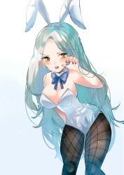 Rule 34 | 1girl, animal ears, arm behind back, black nails, blue background, blue bow, blush, bow, fake animal ears, fingernails, fishnet pantyhose, fishnets, gradient background, green hair, hojhcwqlwrfrvnk, leaning, leaning forward, leotard, long hair, nail polish, open mouth, original, pantyhose, playboy bunny, rabbit ears, snowing, solo, teeth, upper teeth only, very long hair, yellow eyes