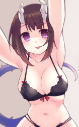Rule 34 | + +, 1girl, :d, armpits, arms up, bare shoulders, black bra, black panties, blush, bow, bow bra, bra, breasts, broken horn, brown background, brown hair, character request, cleavage, commentary request, eriko (princess connect!), gucchiann, highres, horns, large breasts, looking at viewer, navel, open mouth, panties, princess connect!, purple eyes, simple background, smile, solo, tail, underwear, underwear only