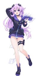 Rule 34 | 1girl, :d, adult neptune, arm behind head, arm up, black choker, black jacket, blue stripes, blush, book, boots, breasts, choker, choujigen game neptune, cleavage, collarbone, commentary, d-pad, d-pad hair ornament, full body, giga-tera, hair between eyes, hair ornament, highres, holding, holding book, holster, hood, hooded jacket, hooded track jacket, jacket, leg up, long hair, long sleeves, looking at viewer, medium breasts, neptune (series), open mouth, panties, pantyshot, paper, purple eyes, purple hair, shoes, sidelocks, simple background, smile, solo, striped clothes, striped panties, thigh holster, thighs, track jacket, underwear, usb, very long hair, white background