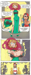 Rule 34 | 1girl, absurdres, arms behind back, artist name, ash ketchum, baseball cap, black hair, blue eyes, breasts, brown hair, bursting breasts, comic, cosplay, covered navel, cowboy shot, creatures (company), dress, elbow gloves, florges, florges (cosplay), full body, game freak, gen 6 pokemon, gloves, green dress, green footwear, hat, highres, immortalstar, large breasts, multiple boys, nintendo, nipples, open mouth, pokemon, pokemon (anime), pokemon journeys, pokemon xy (anime), serena (pokemon), short hair, side slit, smile, speech bubble, standing, surprised, teeth, text focus, torn clothes, upper teeth only, vest, wardrobe malfunction, white gloves, yellow background