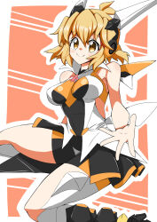 1girl 9manma bare_shoulders breasts brown_eyes brown_hair closed_mouth gloves hand_out headgear highres leotard looking_at_viewer medium_breasts navel orange_background senki_zesshou_symphogear simple_background smile solo tachibana_hibiki_(symphogear) white_gloves yellow_leotard