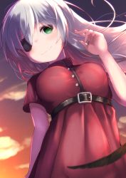 Rule 34 | 1girl, belt, black belt, breasts, closed mouth, commentary request, copyright request, demimushi, dress, eyepatch, floating hair, green eyes, grey hair, hair between eyes, hand up, highres, long hair, medium breasts, outdoors, red dress, short sleeves, smile, solo, sunset