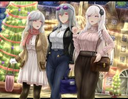 2021, 3girls, algerie (azur lane), archstreal, artist name, azur lane, bag, black jacket, black legwear, blue eyes, breasts, brown jacket, brown skirt, christmas, closed mouth, cross, cross earrings, cross necklace, denim, dress, drill locks, dunkerque (azur lane), earrings, eyebrows visible through hair, eyewear on head, flower, grey hair, hair flower, hair ornament, hairband, hairclip, happy new year, highres, holding, holding bag, index finger raised, jacket, jeans, jewelry, large breasts, long hair, long skirt, looking at another, looking at viewer, medium breasts, multiple girls, nail polish, necklace, new year, open clothes, open jacket, open mouth, pants, pantyhose, pink nails, pink sweater, purple eyes, red scarf, saint-louis (azur lane), scarf, skirt, standing, sweater, talking, turtleneck, turtleneck sweater, white dress, white hair, white sweater