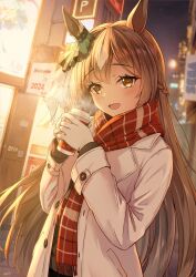 Rule 34 | 1girl, animal ears, blush, braid, brown hair, coat, coffee cup, cup, disposable cup, fringe trim, fritz614, gloves, highres, holding, holding cup, horse ears, horse girl, long hair, long sleeves, looking at viewer, night, open clothes, open coat, open mouth, outdoors, red scarf, satono diamond (umamusume), scarf, sega, smile, solo, umamusume, white coat, white gloves, yellow eyes