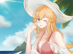 Rule 34 | 1girl, akanbe, azur lane, blonde hair, blue sky, blush, breasts, eyelid pull, finger to eye, hat, highres, long hair, looking at viewer, applying manicure, medium breasts, ocean, one-piece swimsuit, one eye closed, red eyes, red one-piece swimsuit, richelieu (azur lane), richelieu (fleuron of the waves) (azur lane), shenshi (9612025), sky, smile, solo, sun hat, swimsuit, tongue, tongue out, white hat
